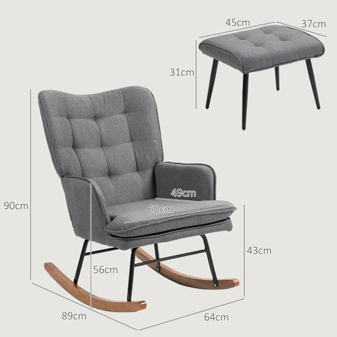 Rootz Rocking Chair with Matching Footstool - Nursery Chair - Glider Chair - Dark Gray - Polyester & Beech Wood - 64cm x 89cm x 90cm