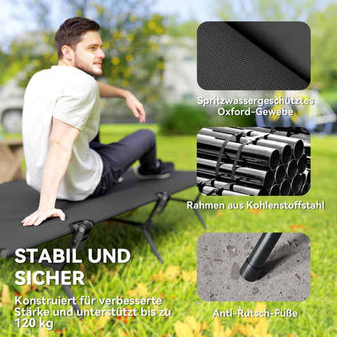 Rootz Foldable Camping Bed - Field Bed - Outdoor Lounger - Durable Oxford Fabric - 200cm x 100cm x 36cm - Supports 120kg - Black