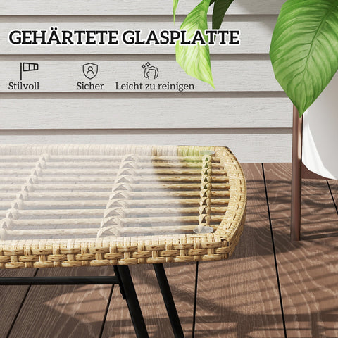 Rootz Poly Rattan Garden Table - UV-Resistant Side Table - Outdoor Coffee Table - Elegant Glass Top - 90 x 50 x 45 cm