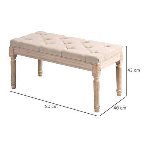 Rootz Bench - Bed Bench - Vintage Design - Vintage Bench - Button Stitching - Turned Legs - Shabby Chic - Cream - 80L x 40W x 43H cm