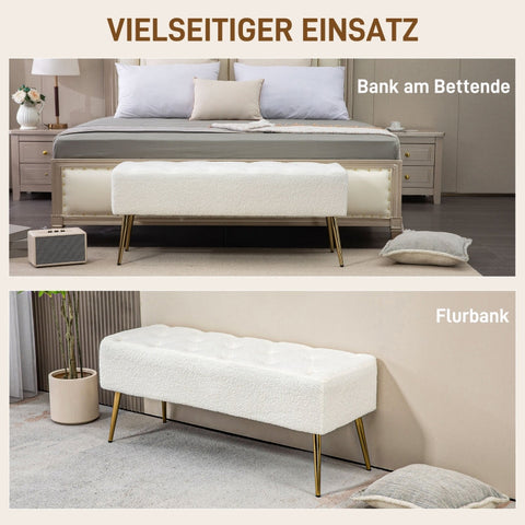 Rootz Bed Bench with Faux Lambswool Cover - Upholstered Bench - Bedroom Bench - Thick Padding - Steel Legs - Cream - 112cm x 41cm x 46cm