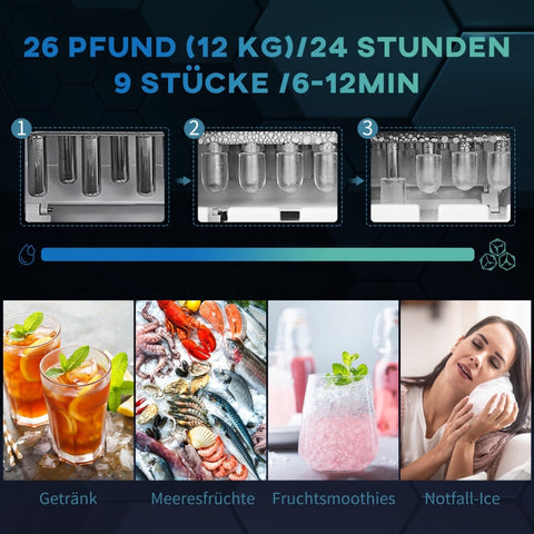 Rootz Ice Cube Machine - Ice Maker - Ice Ball Maker - 12kg Daily Production - Self-Cleaning - Quiet Operation - 32cm x 22.5cm x 29.5cm - Cream White