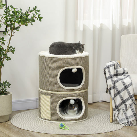 Rootz 3 Tier Cat Barrel with Cushion - Cat House - Cat Tower - Enhance Comfort - Ø51cm x 69cm, Brown- White
