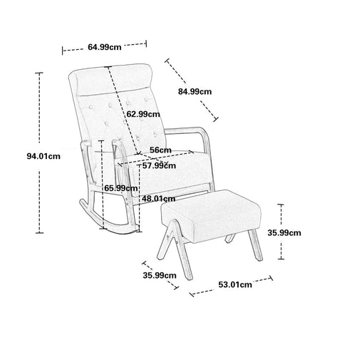 Rootz Rocking Chair Set - Recliner - Glider - Ergonomic Comfort - Solid Wood Structure - Chair: 65x85x94cm, Footrest: 53x36x36cm