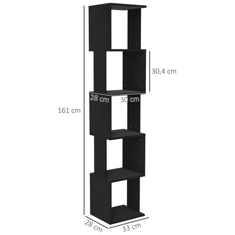 Rootz Modern Library Shelf - Storage Shelf - 5 Level Bookshelf - Space-Saving Design - 33x28x161cm - Black