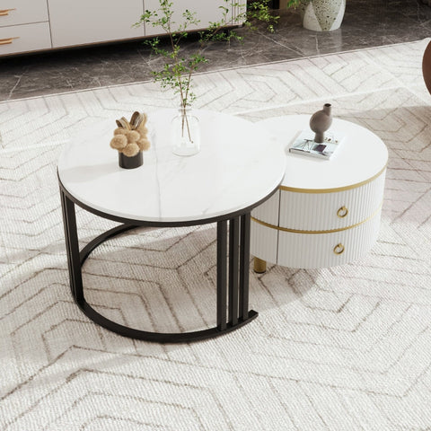 Rootz 2-in-1 Coffee Table Set - Marble Pattern - High Gloss Tables - Space Saving - 70x70x46cm & 50x50x40cm