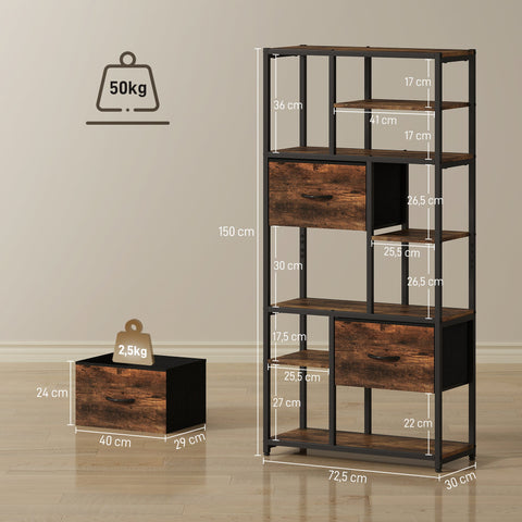 Rootz Storage Shelf - Bookcase - Freestanding Organizer - 2 Fabric Drawers, 9 Compartments, Sturdy Steel Frame, Rustic Brown+Black, 72.5x30x150 cm