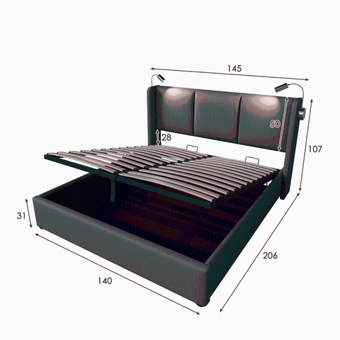 Rootz Double Bed with Storage - Upholstered Bed - Platform Bed - USB Reading Light - 206L x 145W x 107H cm - Solid Wood & Metal Frame