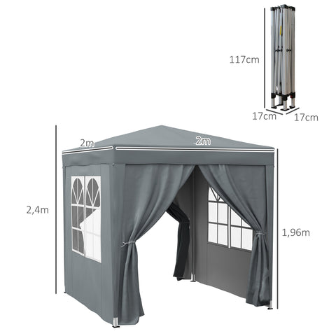 Rootz Garden Pavilion Folding Tent - Barnum - Pop-up - Easy Setup - 2m x 2m x 2.4m - 4 Removable Side Walls – Transport Bag Included - Grey