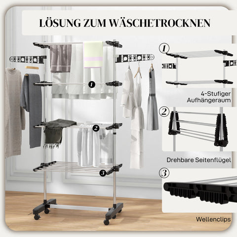Rootz Laundry Tumble Dryer - Foldable Clothes Airer - Drying Rack - One-Click System - 142cm x 55cm x 172cm - Black & Silver