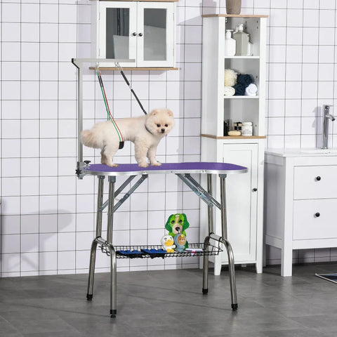 Rootz Pet Dressing Table - Height Adjustable - Pet Grooming Arm - Haunch Holders & Grooming Loop - Silver - 36 x 8 x 74 cm