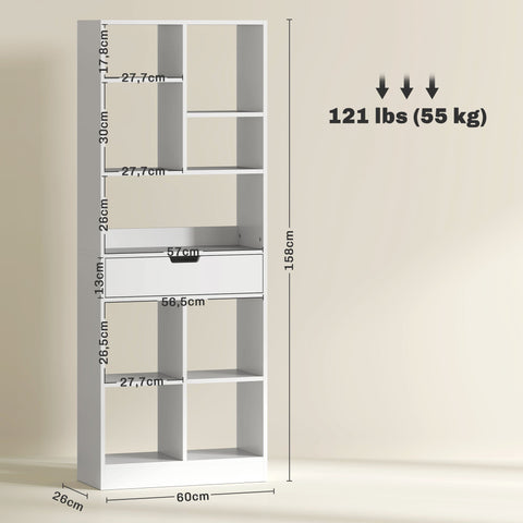Rootz Multi-Purpose Bookcase - Shelf with Compartments - Storage Unit - Anti-Tilt Safety - 60 x 26 x 158 cm, White