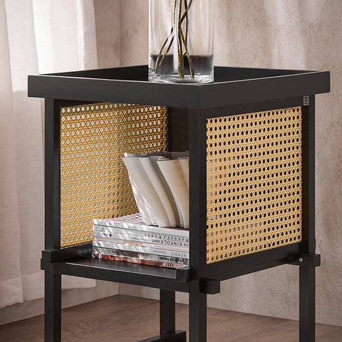 Rootz Tenon Connection Side Table - Coffee Table - Yellow Grid Panels - Black Wood - Easy Assembly - 40cm x 60cm x 40cm