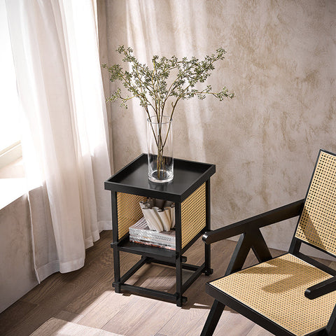 Rootz Tenon Connection Side Table - Coffee Table - Yellow Grid Panels - Black Wood - Easy Assembly - 40cm x 60cm x 40cm