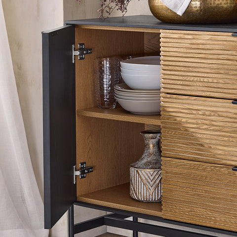 Rootz Storage Cabinet - Sideboard - Cupboard - Ample Storage - 114x83x40cm - MDF & Metal - Three Drawers - Two Compartments - Wall Anchor Included