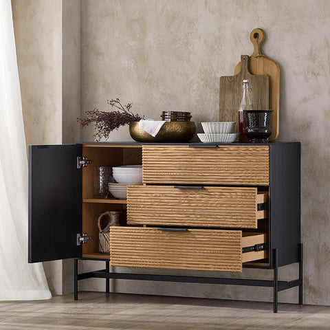 Rootz Storage Cabinet - Sideboard - Cupboard - Ample Storage - 114x83x40cm - MDF & Metal - Three Drawers - Two Compartments - Wall Anchor Included