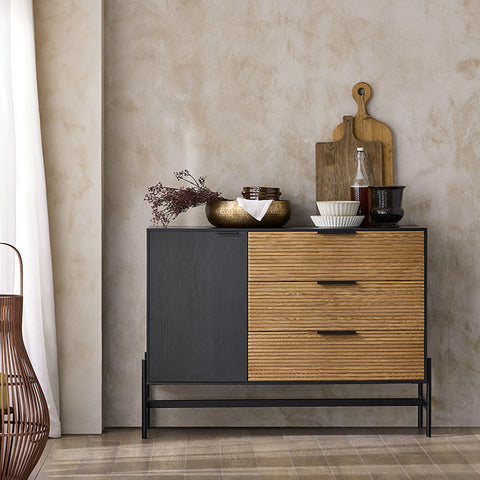 Rootz Storage Cabinet - Sideboard - Cupboard - Ample Storage - 114x83x40cm - MDF & Metal - Three Drawers - Two Compartments - Wall Anchor Included
