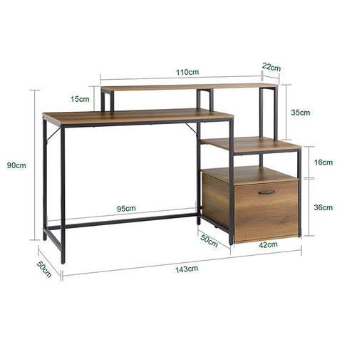 Rootz Desk Study Table - Workstation - Office Desk - Ample Storage - 143x90x50cm - Metal Frame - Brown Black Painted