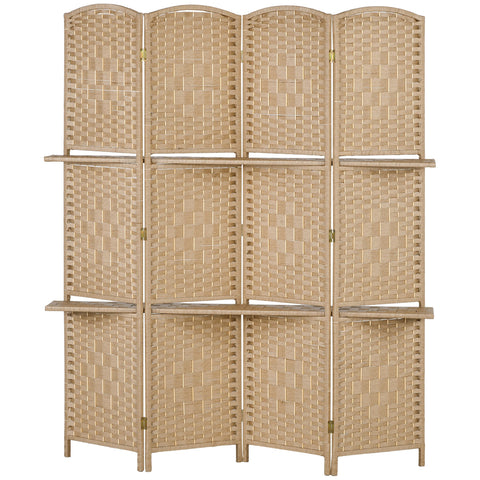 Rootz Room Divider Paravent 4 Panels - Privacy Screen - Folding Partition - 2 Shelves - Wood - 160L x 1.6B x 170H cm