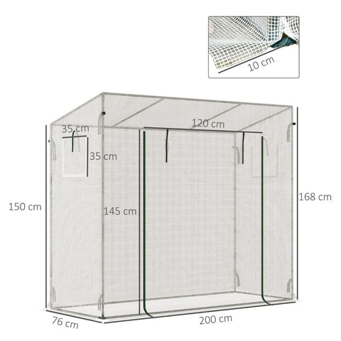 Rootz Greenhouse with Side Window - Roll Up Door - Windproof - Steel Frame - Plastic Tarpaulin - White - 200 x 68 x 196 cm