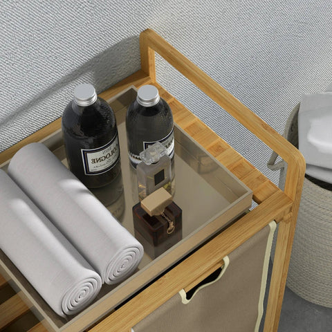 Rootz Laundry Basket - With 2 Laundry Bags - 1 Shelf - Bamboo - Drying Rack - Non-woven Fabric - Light Gray + Natural - 63.5 cm x 33 cm x 73 cm