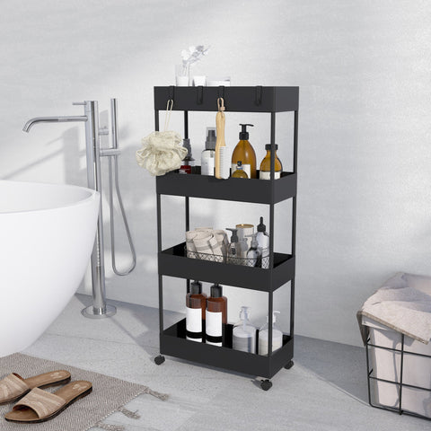 Rootz Black Kitchen Cart - Niche Car - Mobile Trolley - Space-Saving Storage - 40cm x 19cm x 90cm with Hooks & Wheels