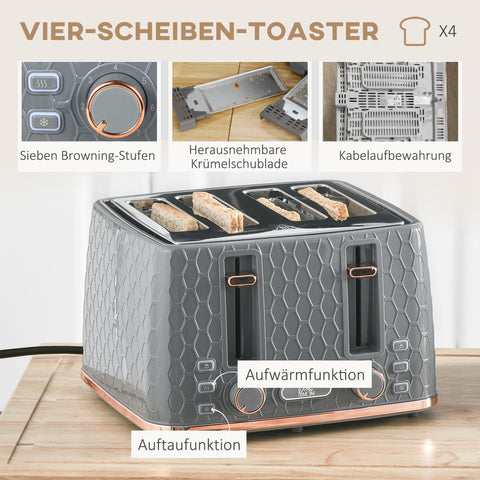 Rootz Kitchen Set - Toaster & Kettle Combo - Breakfast Appliances - Grey - 1.7L Quick Cook - 24.2x19.5x23.4cm Kettle, 27.6x18.9cm Toaster