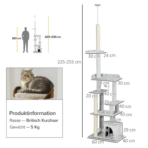 Rootz Ceiling-High Cat Scratching Post - Cat Activity Center - Cat Retreat - Height Adjustable - Multiple Platforms - Sturdy Construction - 60W x 40D x 225-255H cm