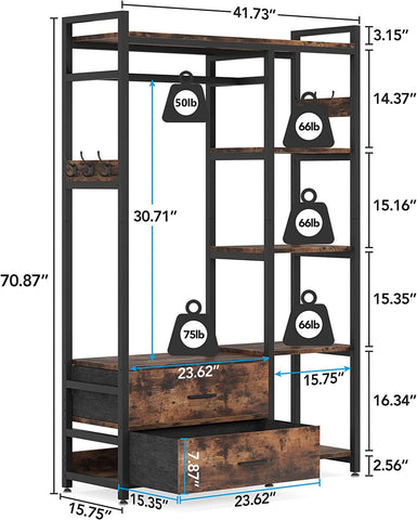 Rootz Freestanding Closet Organizer - Clothes Rack - Wardrobe Storage - 350lb Capacity - 180 cm H x 106 cm L x 40 cm W.