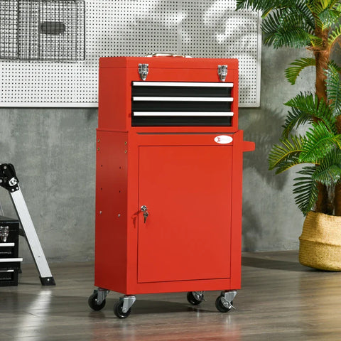 Rootz 2-in-1 Tool Trolley - Mobile Trolley - Tool Cabinet - 3 Drawers - Tool Board - Steel Housing - Red - 46L x 28W x 94H cm