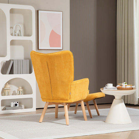 Rootz Accent Chair with Stool - Relaxation Chair - Armchair - Wood Legs - High Comfort - 72cm x 80cm x 101cm - Yellow Corduroy