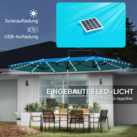 Rootz Double Umbrella - Terrace Sunshade - Blue Parasol - Solar Lights, UV-Resistant, UPF50+ Protection - 451cm x 267cm x 249cm