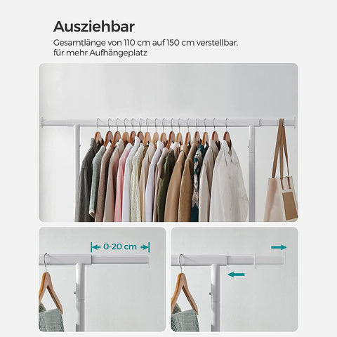 Rootz Clothes Rack - Garment Rack - Clothing Organizer - Extendable Rail - Matte White - Steel - 45 x (110-150) x 160 cm