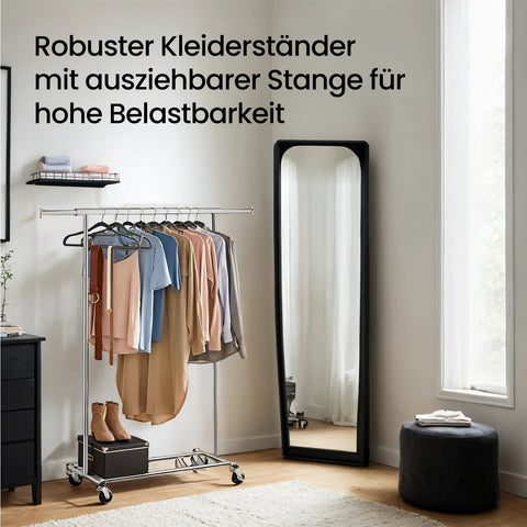 Rootz Clothing Rack on Wheels - Wardrobe Stand - Pull-Out Clothes Rail - Wrinkle-Free Storage - 92-132cm x 160cm x 45.4cm