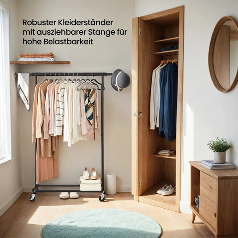 Rootz Clothing Rack on Wheels - Heavy-Duty Wardrobe Stand - Extendable Clothes Rail - Wrinkle-Free Storage - 92-132cm x 45.4cm x 160cm