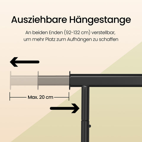 Rootz Clothing Rack on Wheels - Heavy-Duty Wardrobe Stand - Extendable Clothes Rail - Wrinkle-Free Storage - 92-132cm x 45.4cm x 160cm