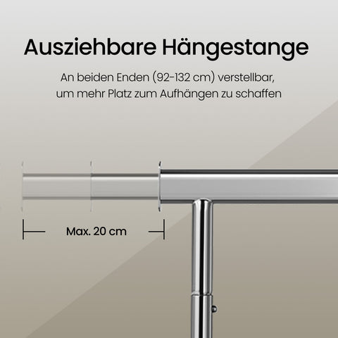 Rootz Clothing Rack on Wheels - Wardrobe Stand - Pull-Out Clothes Rail - Wrinkle-Free Storage - 92-132cm x 160cm x 45.4cm