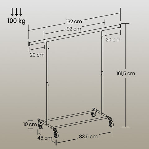 Rootz Clothing Rack on Wheels - Wardrobe Stand - Pull-Out Clothes Rail - Wrinkle-Free Storage - 92-132cm x 160cm x 45.4cm
