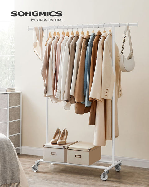 Rootz Classic White Clothes Rack - Garment Stand - Rolling Wardrobe - Steel Construction - PP Wheels - Adjustable Height - 45.4cm x (92-132)cm x 160cm - Lightweight - Easy Assembly - Max. Load 90kg