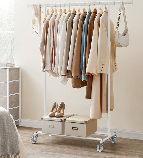 Rootz Clothes Rack on Wheels - Wardrobe Rack - Garment Stand - 90kg Capacity - White - 45.4cm x (92-132)cm x 160cm