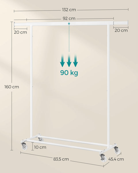 Rootz Classic White Clothes Rack - Garment Stand - Rolling Wardrobe - Steel Construction - PP Wheels - Adjustable Height - 45.4cm x (92-132)cm x 160cm - Lightweight - Easy Assembly - Max. Load 90kg