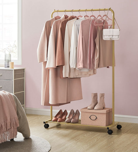 Rootz Clothes Rail on Wheels - Garment Rack - Rolling Clothes Stand - Gold Shelf - Steel - 40.5cm x 91cm x 158cm