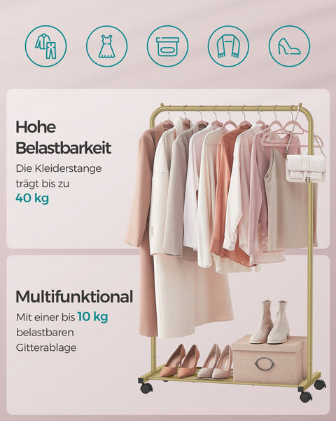 Rootz Clothes Rail on Wheels - Garment Rack - Rolling Clothes Stand - Gold Shelf - Steel - 40.5cm x 91cm x 158cm