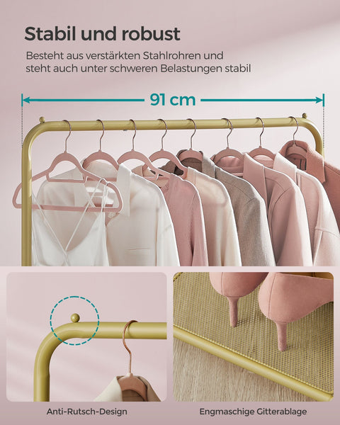 Rootz Clothes Rail on Wheels - Garment Rack - Rolling Clothes Stand - Gold Shelf - Steel - 40.5cm x 91cm x 158cm