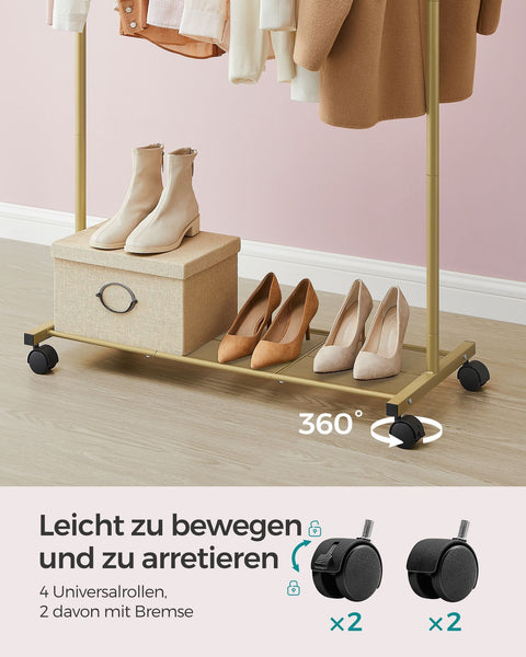 Rootz Clothes Rail on Wheels - Garment Rack - Rolling Clothes Stand - Gold Shelf - Steel - 40.5cm x 91cm x 158cm