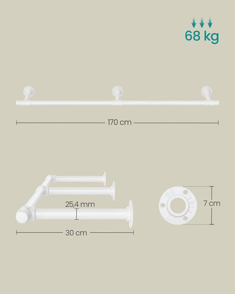 Rootz Wardrobe Rail - Steel Clothes Rack - Clothing Organizer - Cloud White - 30.4cm x 170cm x 7cm