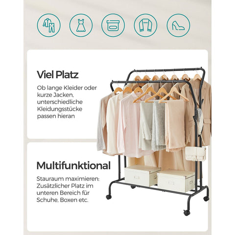 Rootz Garment Rack – Mobile Clothes Stand – Clothing Organizer – Black Steel Frame – 120cm x 45cm x 160cm