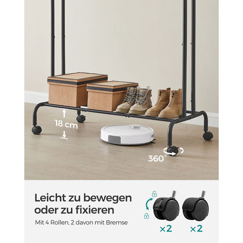 Rootz Garment Rack – Mobile Clothes Stand – Clothing Organizer – Black Steel Frame – 120cm x 45cm x 160cm