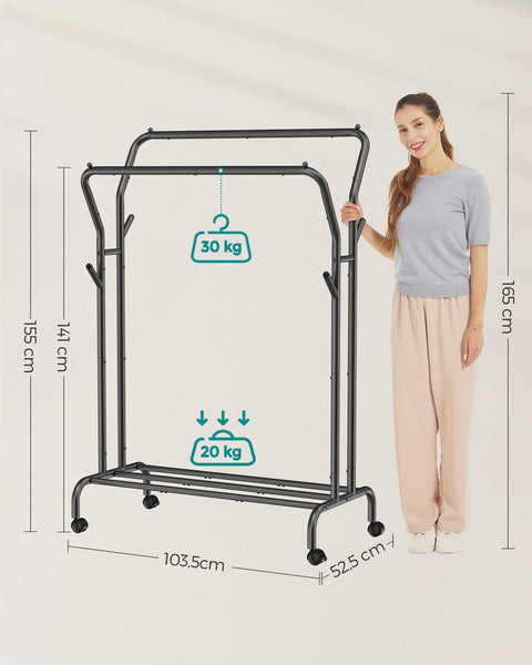 Rootz Garment Rack – Mobile Clothes Stand – Clothing Organizer – Black Steel Frame – 120cm x 45cm x 160cm