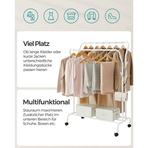 Rootz Clothes Rack with Wheels - Garment Rack - Rolling Rack - 2-tiered - White - 90cm x 40cm x 160cm